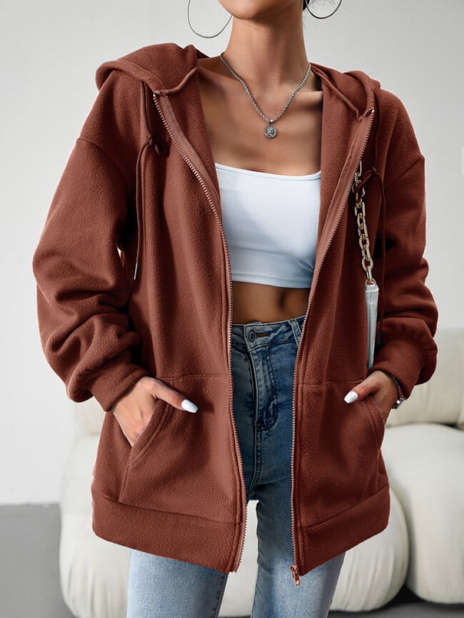 Solid Color Casual Zip Hooded Jacket