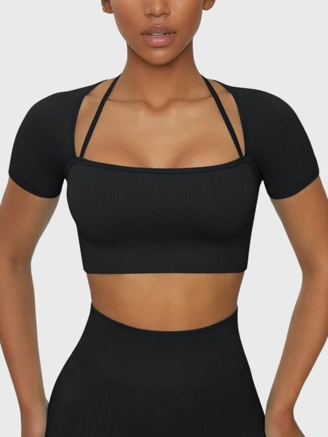 Solid Color Cropped Short Sleeve Yoga Top