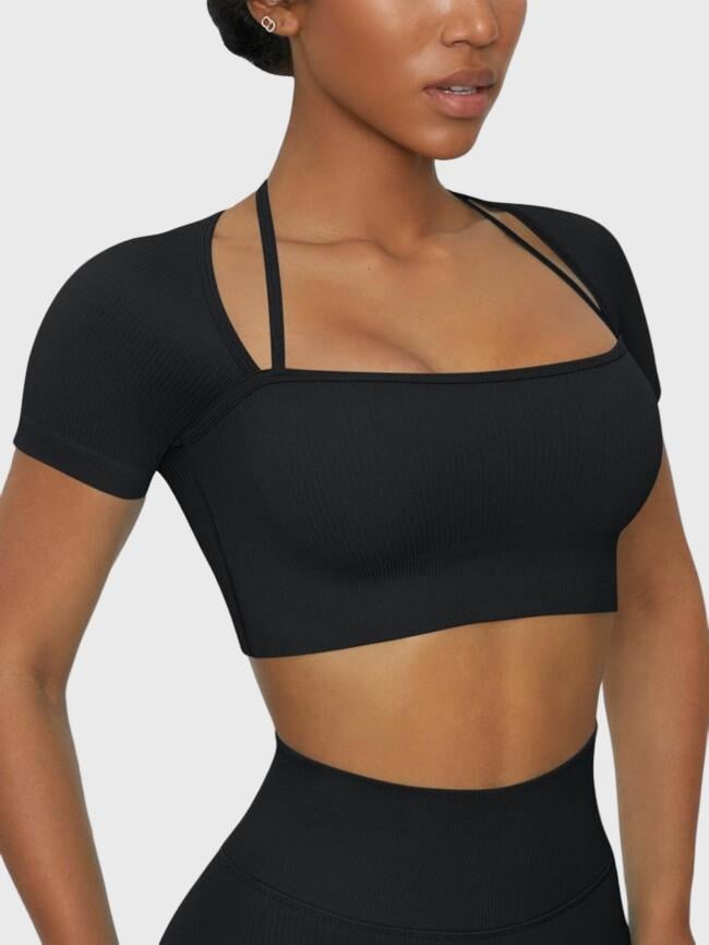 Solid Color Cropped Short Sleeve Yoga Top