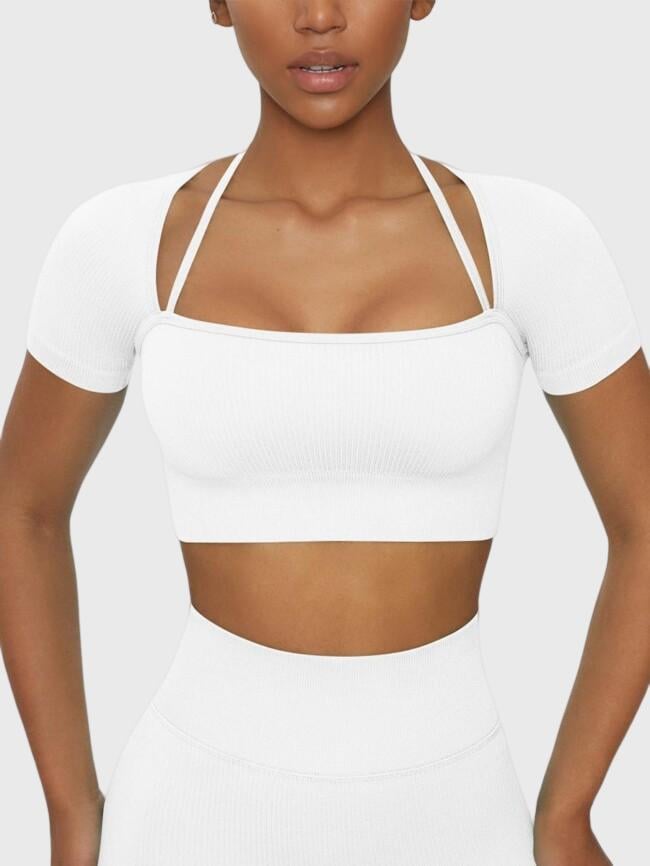 Solid Color Cropped Short Sleeve Yoga Top