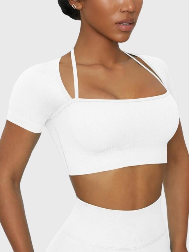 Solid Color Cropped Short Sleeve Yoga Top