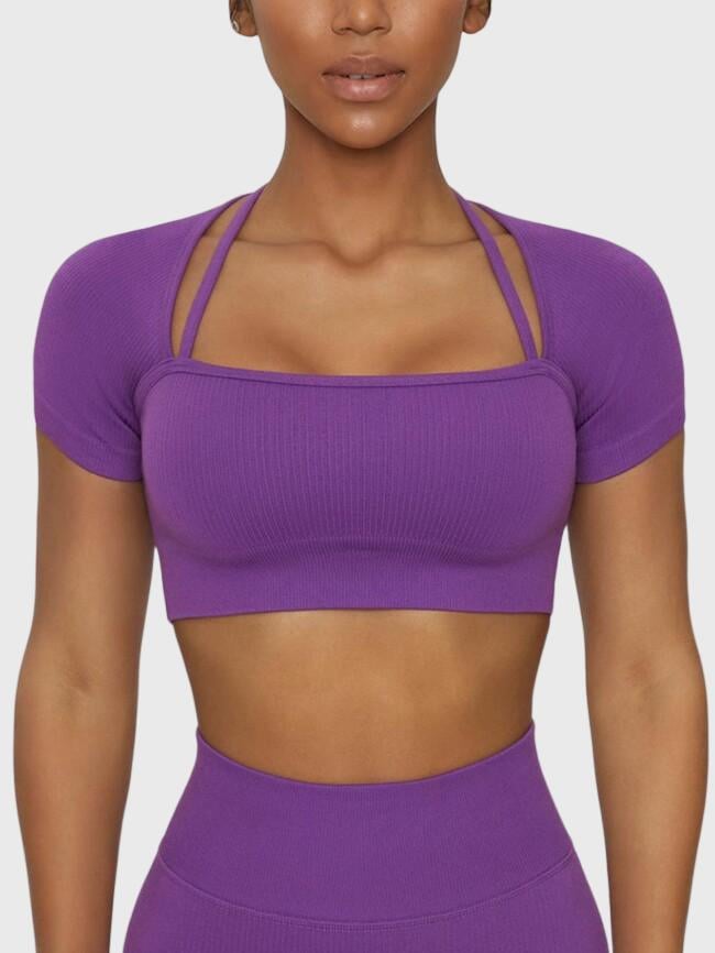 Solid Color Cropped Short Sleeve Yoga Top