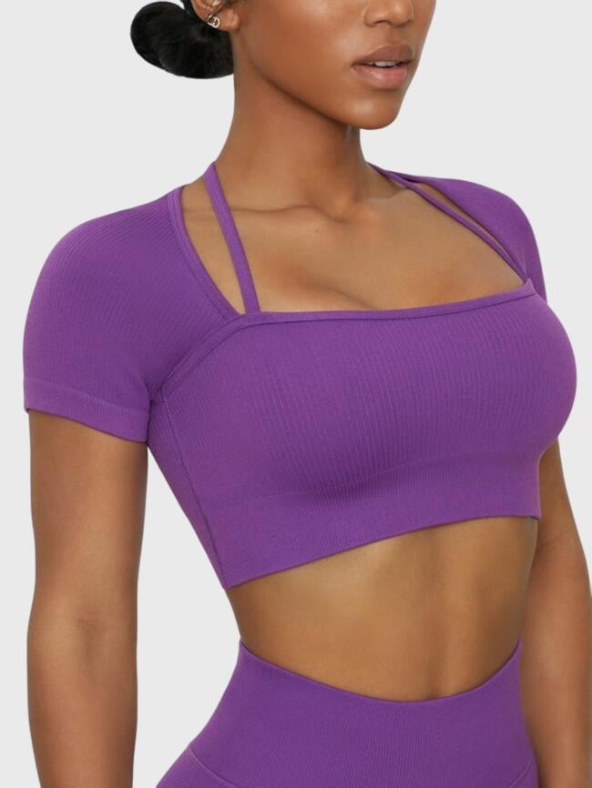 Solid Color Cropped Short Sleeve Yoga Top