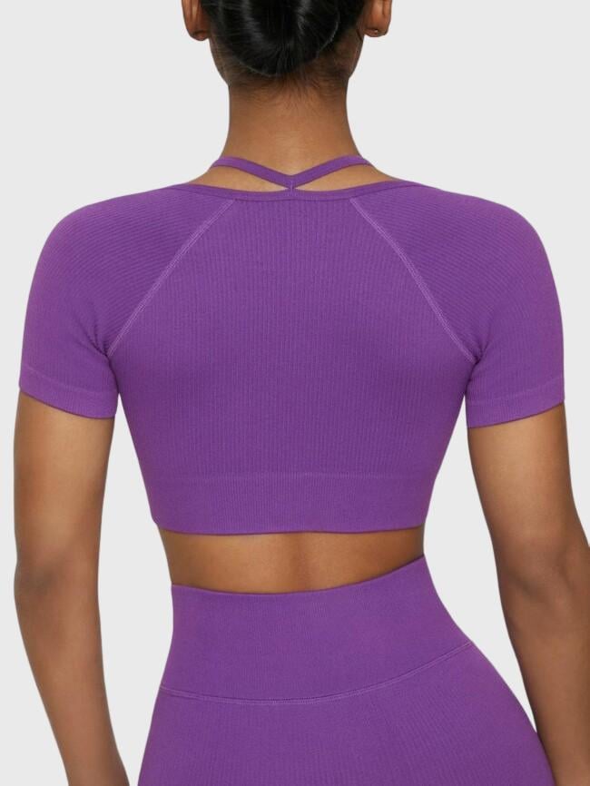 Solid Color Cropped Short Sleeve Yoga Top