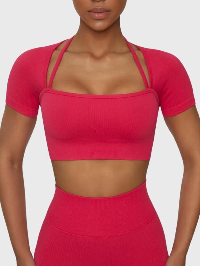 Solid Color Cropped Short Sleeve Yoga Top