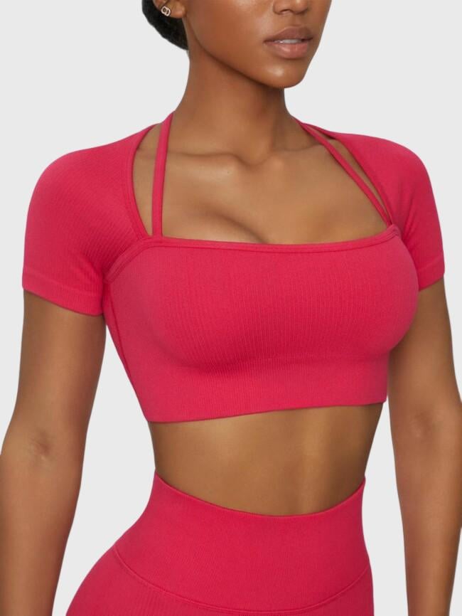 Solid Color Cropped Short Sleeve Yoga Top