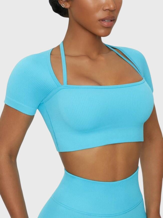 Solid Color Cropped Short Sleeve Yoga Top