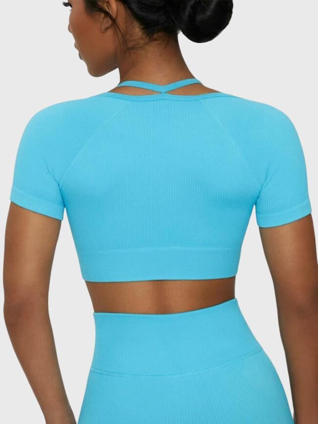 Solid Color Cropped Short Sleeve Yoga Top