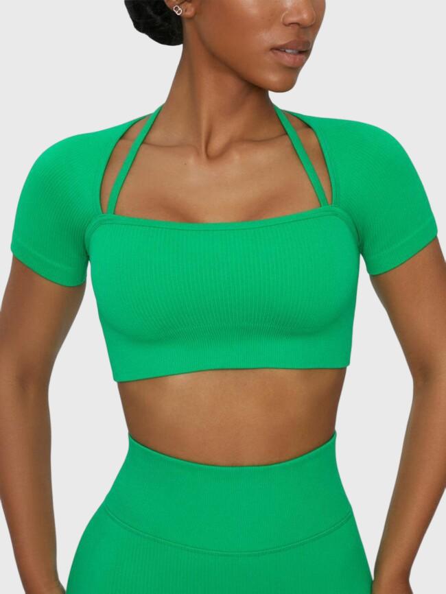 Solid Color Cropped Short Sleeve Yoga Top