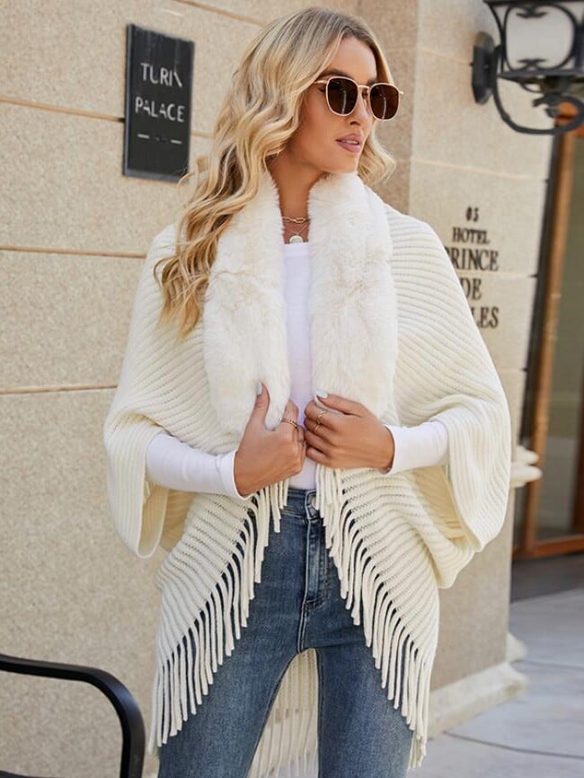 Solid Color Fur Collar Tassel Cape Cardigan