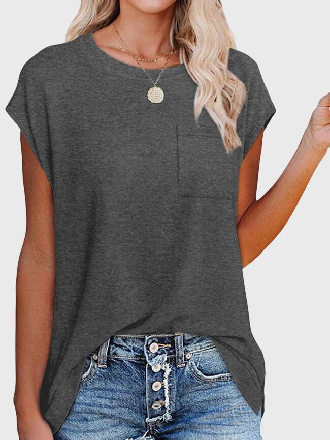 Solid Color Round Neck Pocket T-Shirt