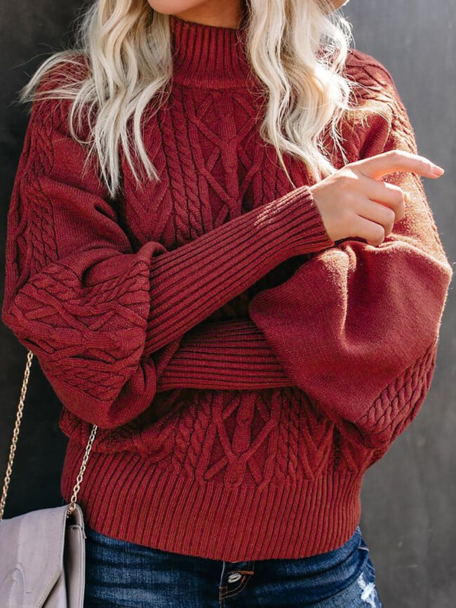 Solid Color Turtleneck Twist-Knit Sweater