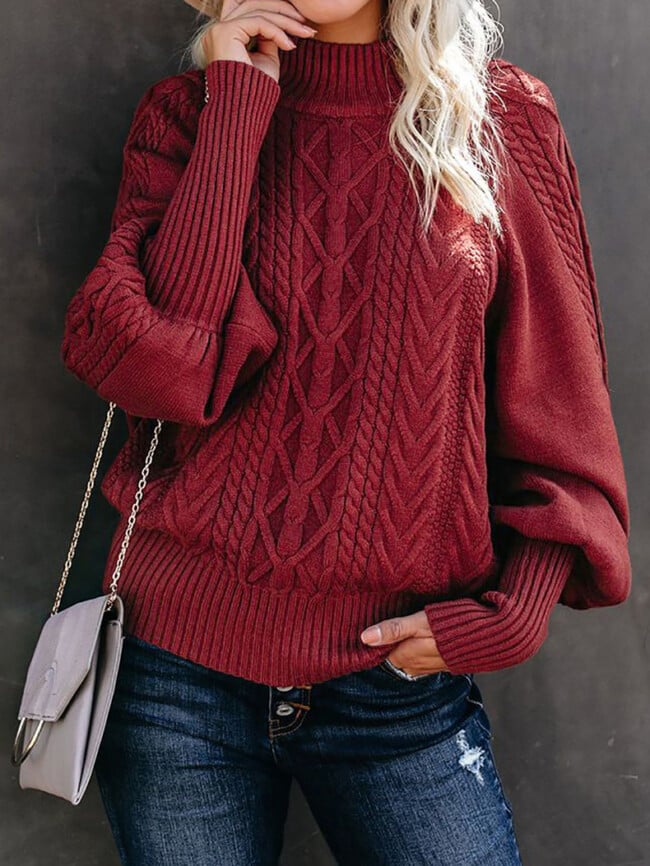 Solid Color Turtleneck Twist-Knit Sweater