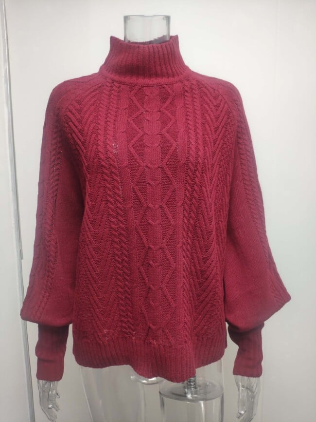 Solid Color Turtleneck Twist-Knit Sweater