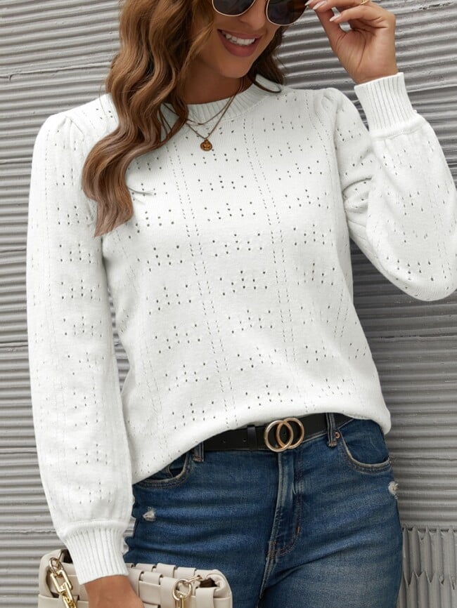 Solid Pointelle Hollow Knit Sweater