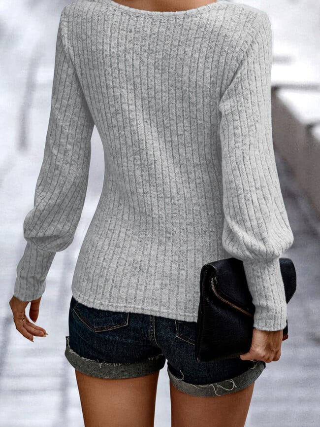 Solid ribbed lantern sleeve round neck Sweater