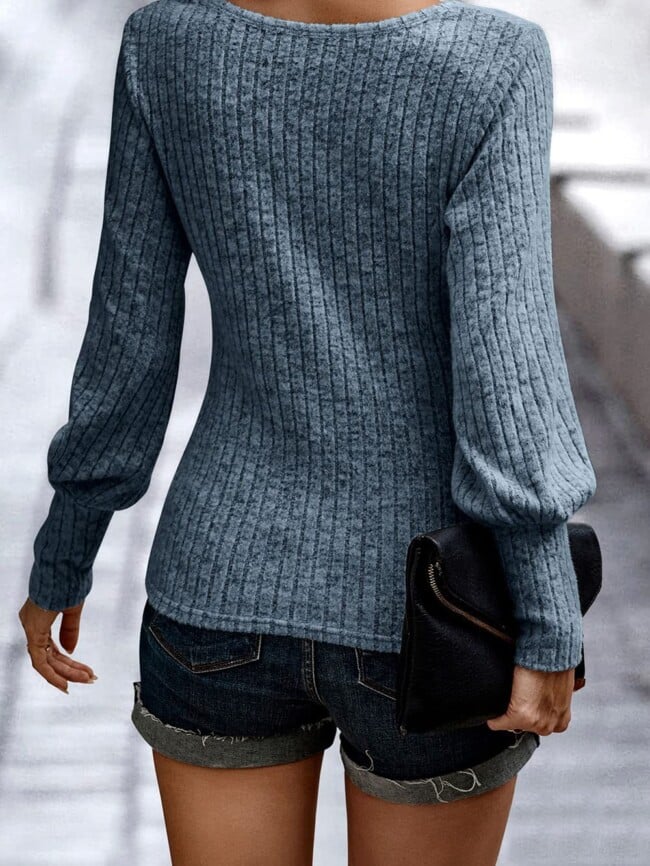 Solid ribbed lantern sleeve round neck Sweater