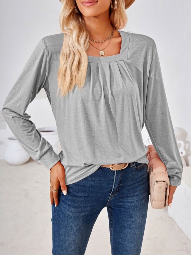 Square Neck Pleated Long Sleeve T-Shirt