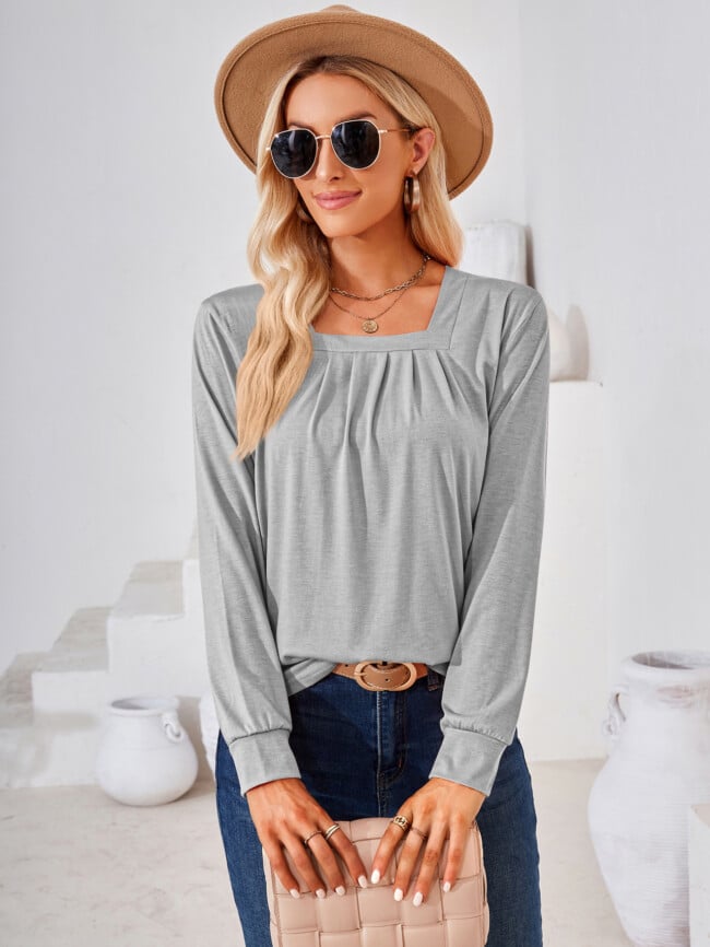 Square Neck Pleated Long Sleeve T-Shirt