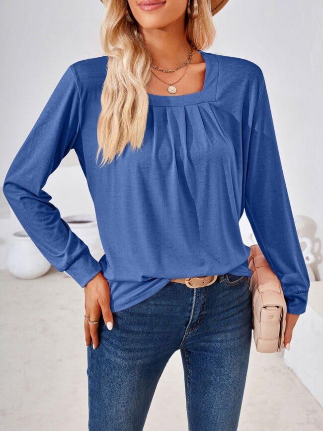 Square Neck Pleated Long Sleeve T-Shirt