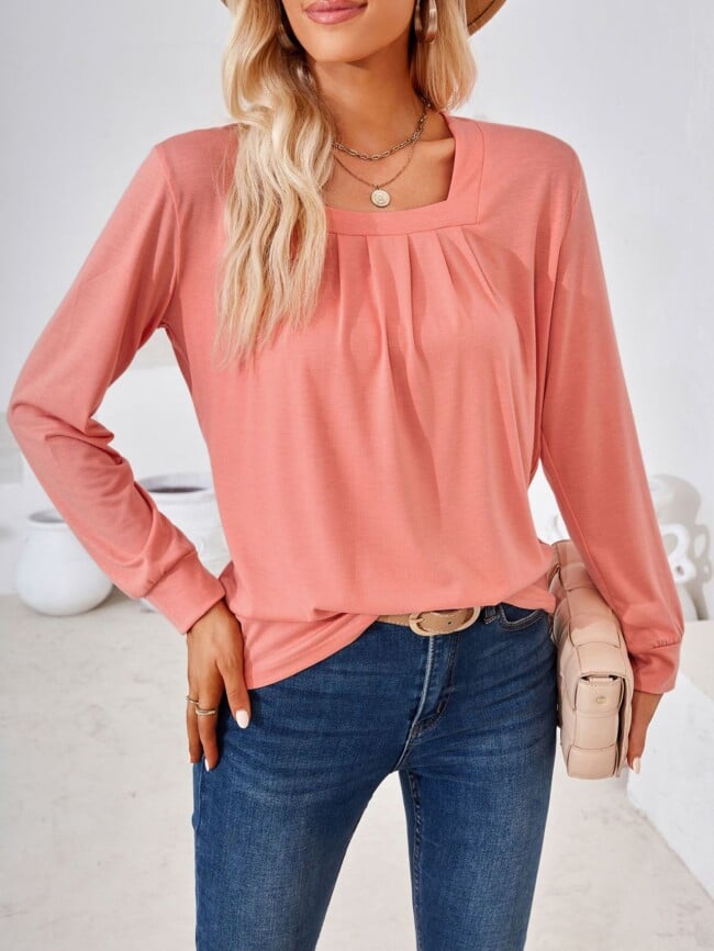 Square Neck Pleated Long Sleeve T-Shirt