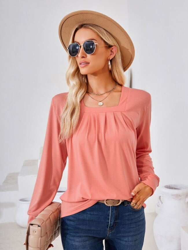 Square Neck Pleated Long Sleeve T-Shirt