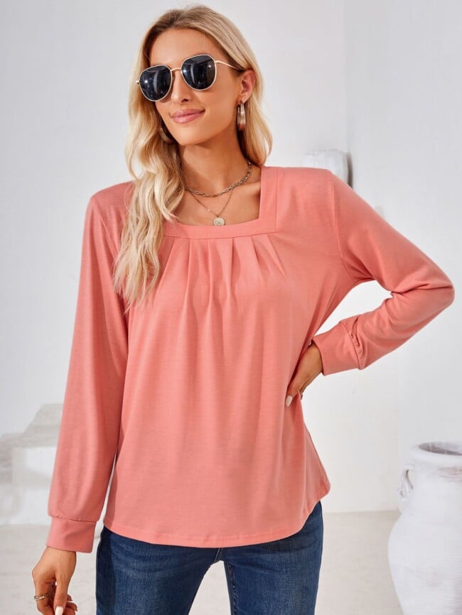 Square Neck Pleated Long Sleeve T-Shirt