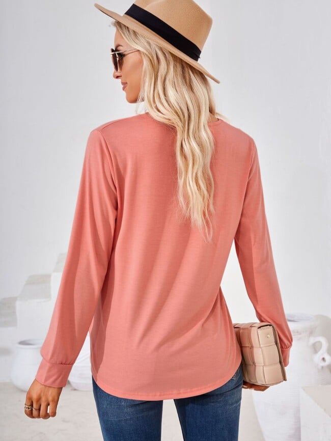 Square Neck Pleated Long Sleeve T-Shirt