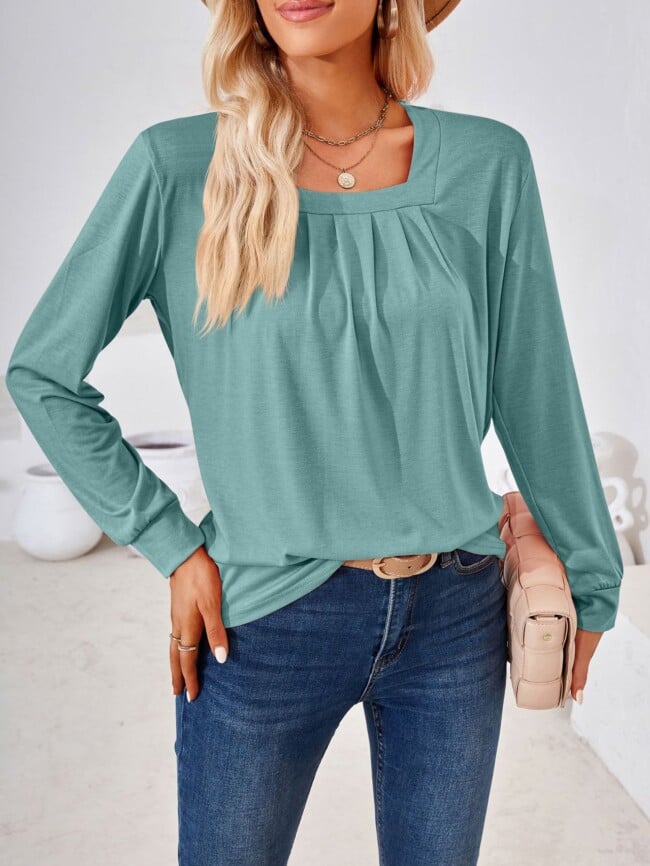 Square Neck Pleated Long Sleeve T-Shirt