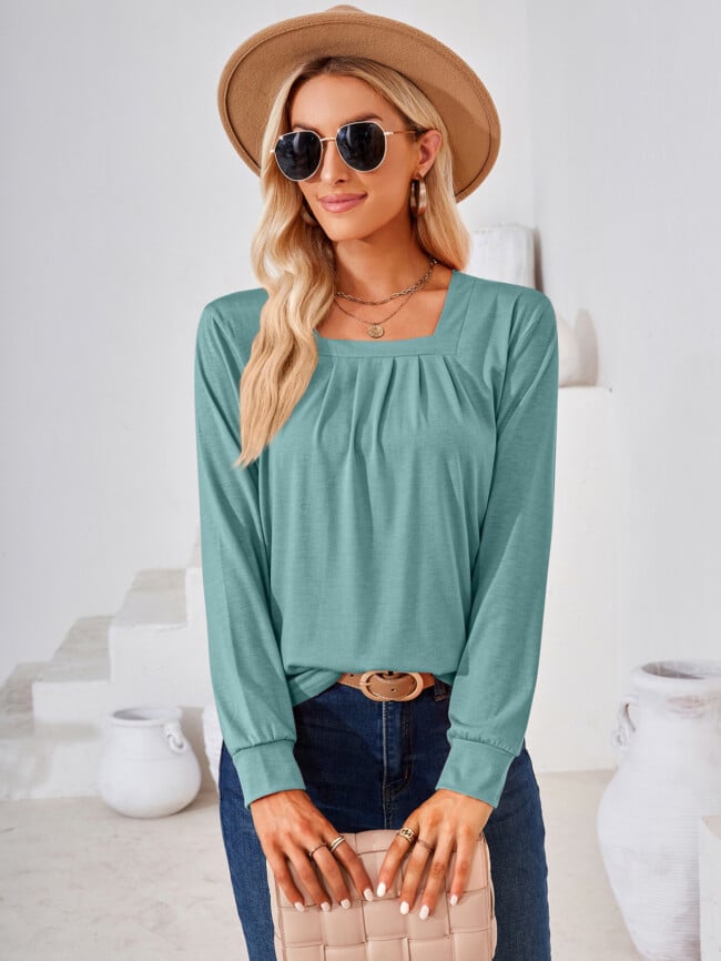 Square Neck Pleated Long Sleeve T-Shirt