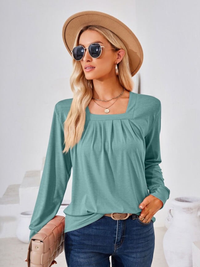 Square Neck Pleated Long Sleeve T-Shirt