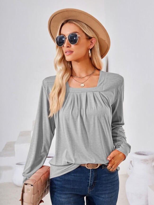 Square Neck Pleated Long Sleeve T-Shirt