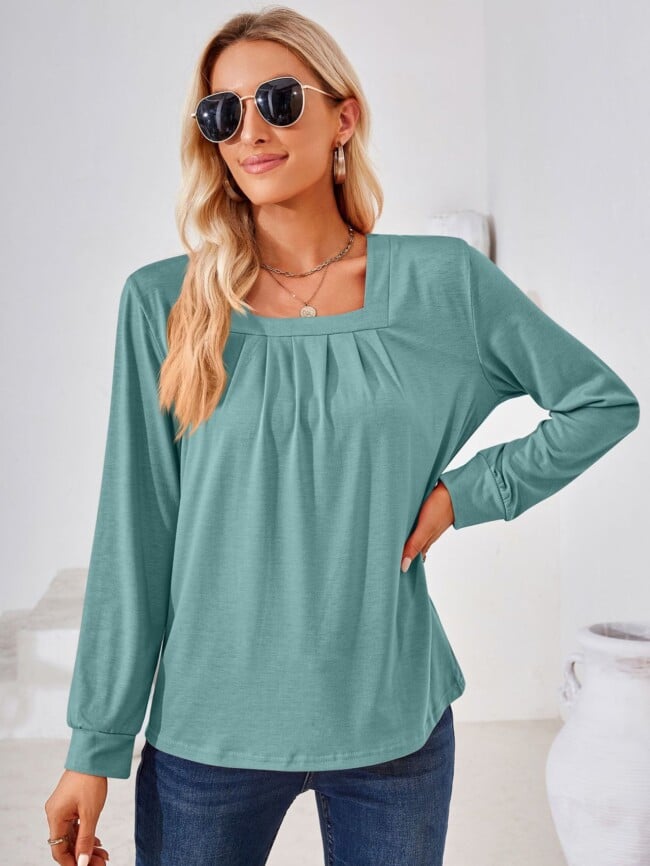 Square Neck Pleated Long Sleeve T-Shirt