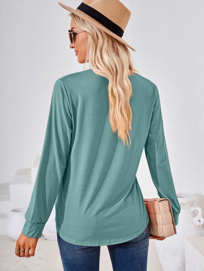 Square Neck Pleated Long Sleeve T-Shirt