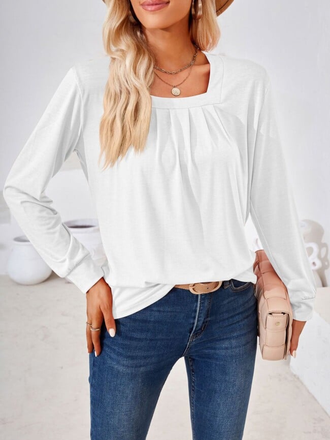 Square Neck Pleated Long Sleeve T-Shirt