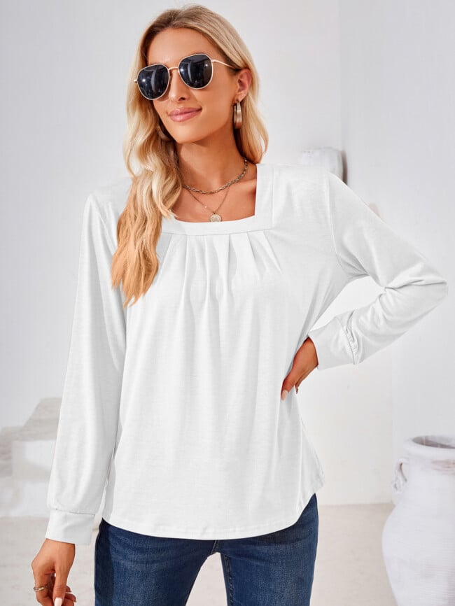 Square Neck Pleated Long Sleeve T-Shirt