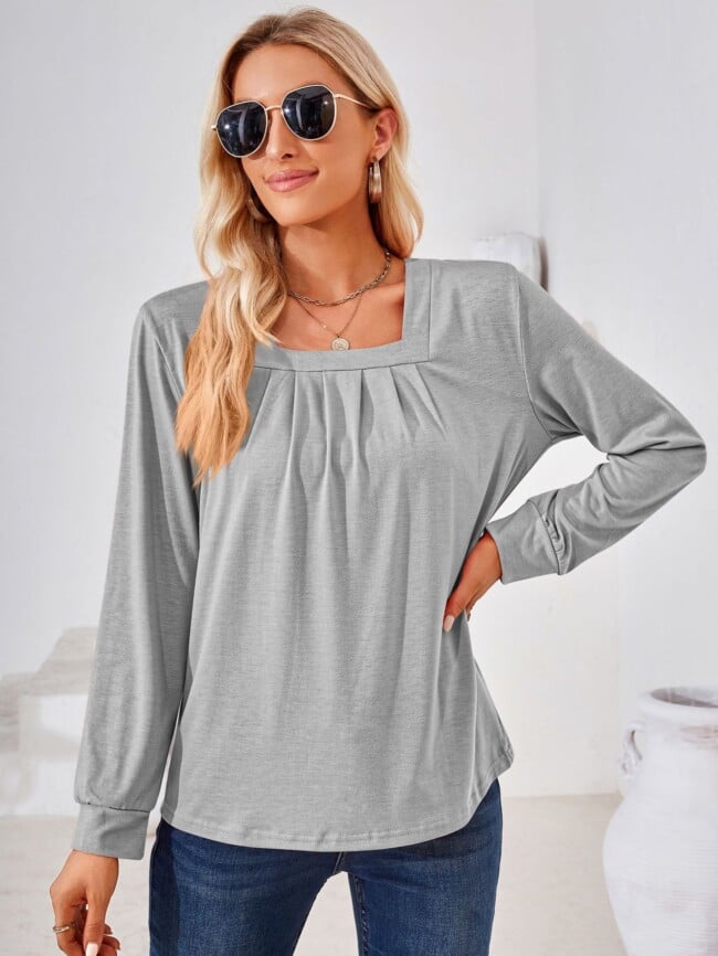 Square Neck Pleated Long Sleeve T-Shirt