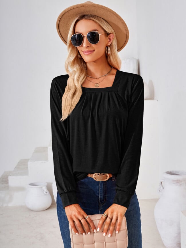 Square Neck Pleated Long Sleeve T-Shirt