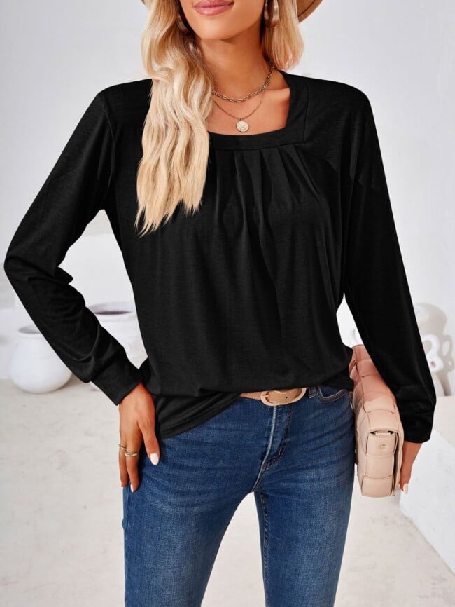 Square Neck Pleated Long Sleeve T-Shirt