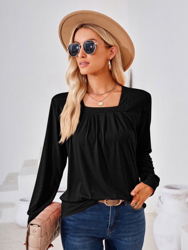 Square Neck Pleated Long Sleeve T-Shirt