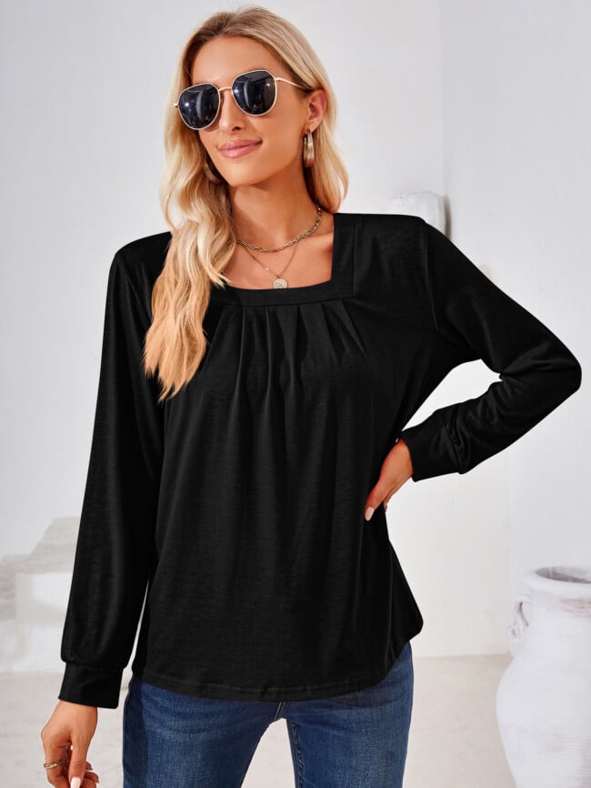 Square Neck Pleated Long Sleeve T-Shirt