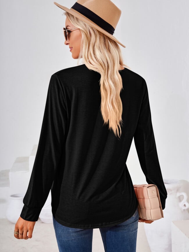 Square Neck Pleated Long Sleeve T-Shirt