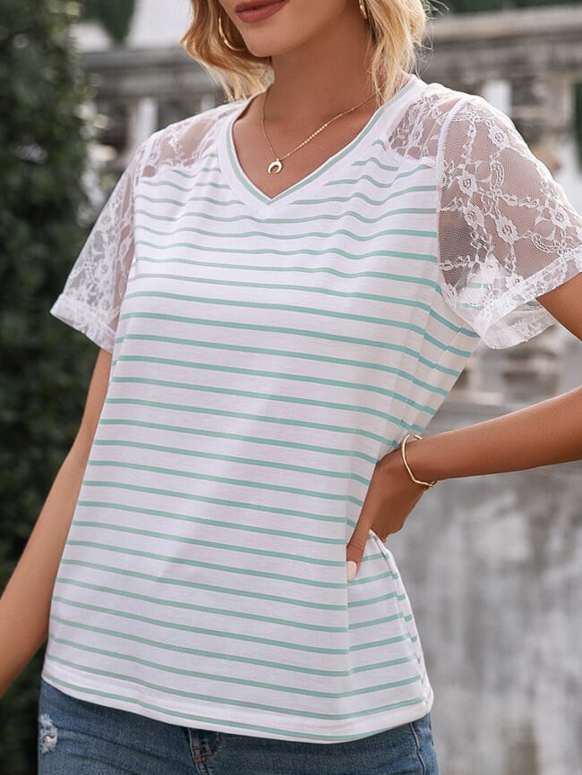 Striped Panel Lace V-neck T-shirt