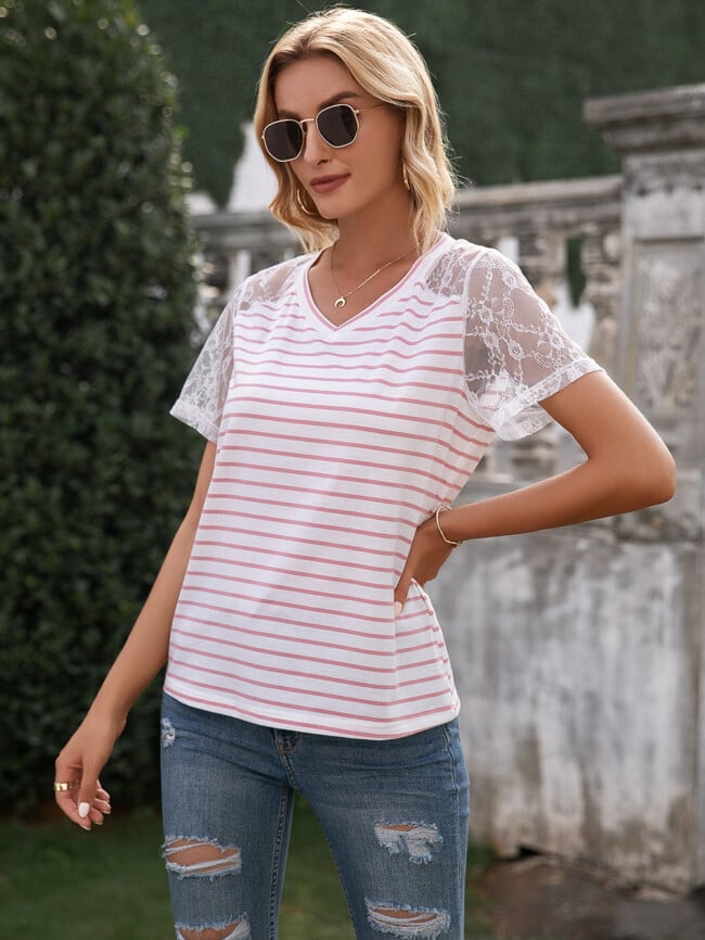 Striped Panel Lace V-neck T-shirt