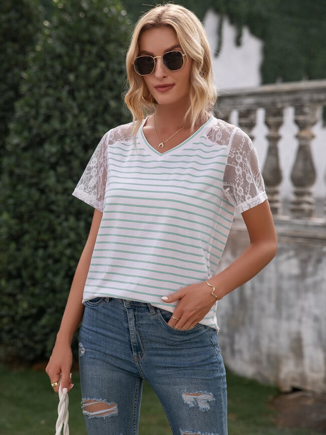 Striped Panel Lace V-neck T-shirt