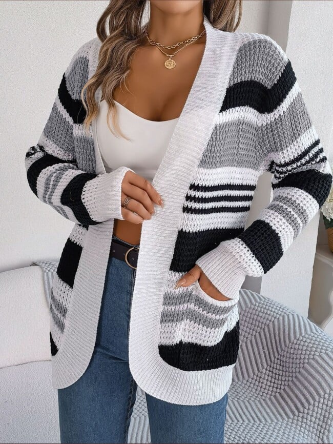 Striped Pocket Long Sleeve Knit Cardigan