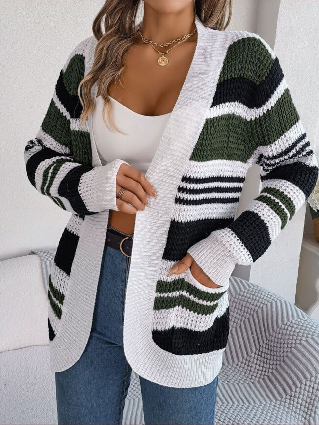 Striped Pocket Long Sleeve Knit Cardigan