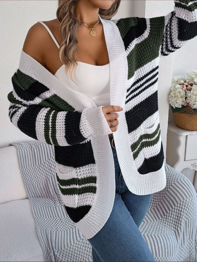 Striped Pocket Long Sleeve Knit Cardigan