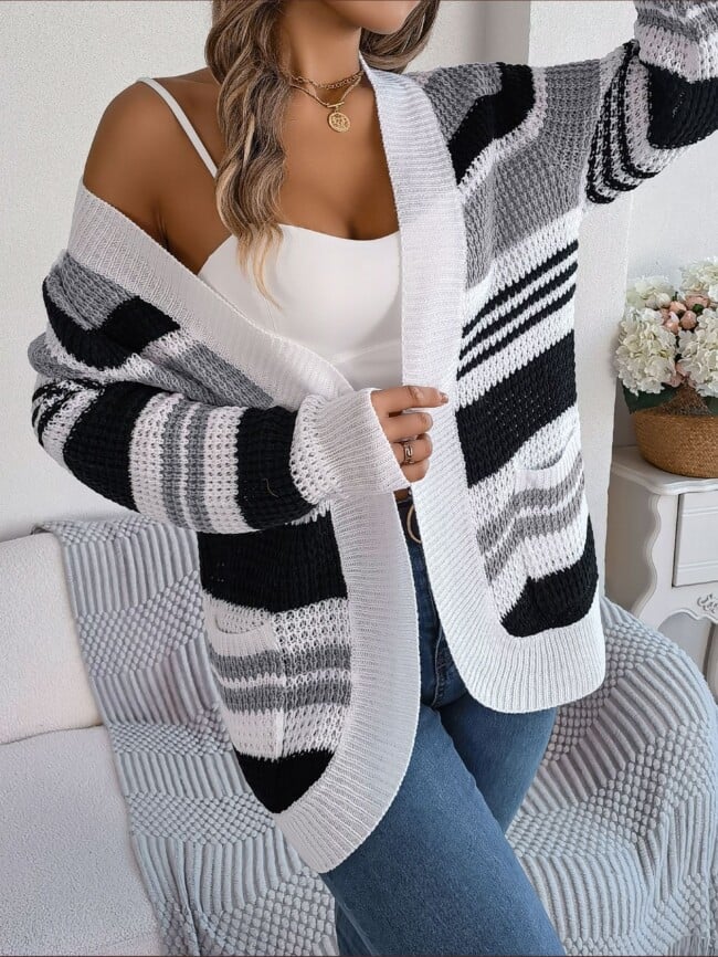 Striped Pocket Long Sleeve Knit Cardigan