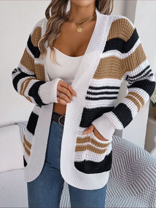 Striped Pocket Long Sleeve Knit Cardigan